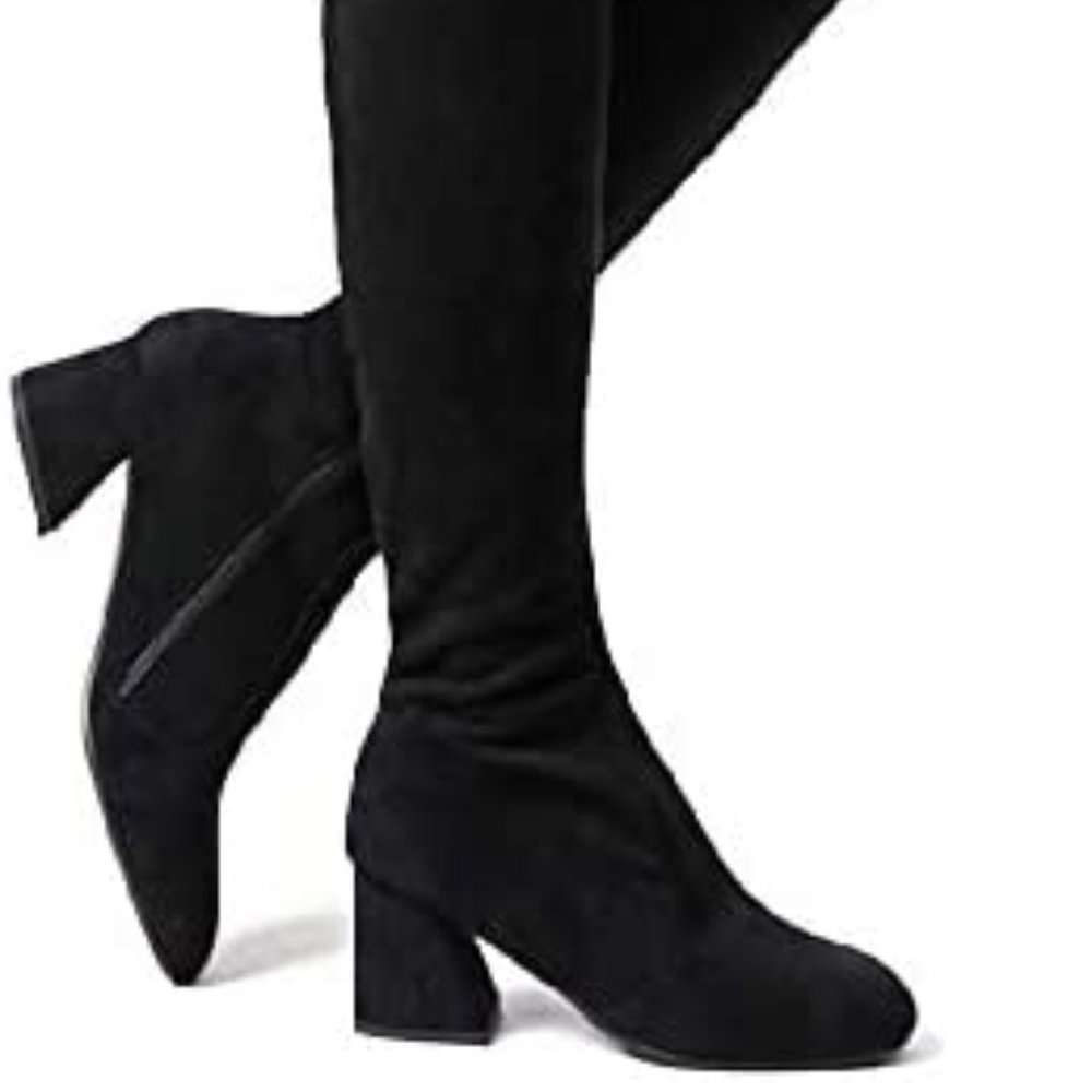 Shoe'N Tale Women Stretch Suede Chunky Heel Thigh